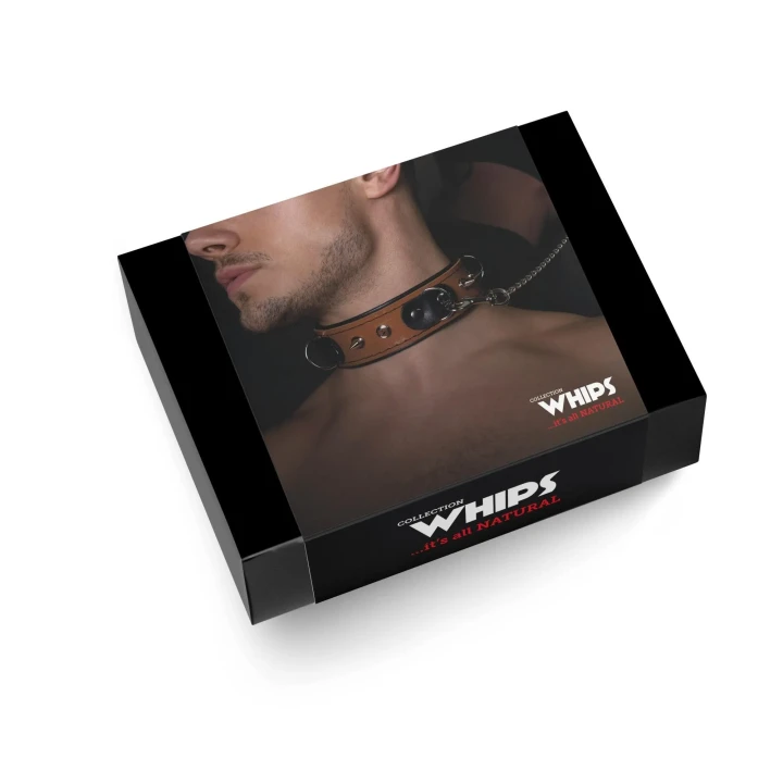 Obroża skórzana WHIPS z smyczą, koniakowa, 42-50 cm, ozdobiona ćwiekami