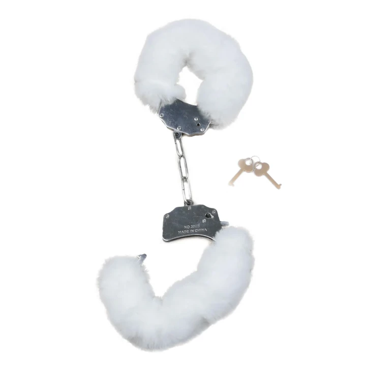 Kajdanki Fetish B - Seria - Furry Cuffs Białe z Regulacją i Krótkim Łańcuchem