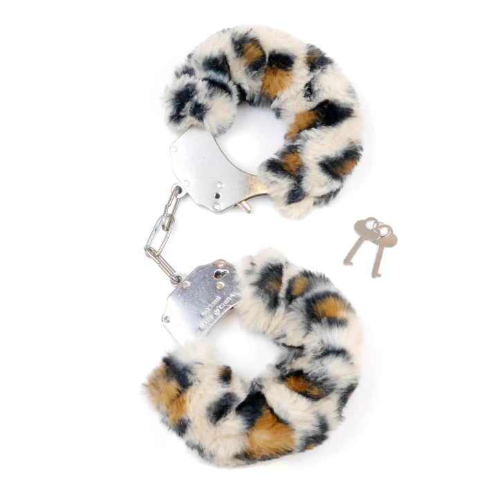 Metalowe kajdanki fetyszy B - Seria - Furry Cuffs w wzór leopardzi