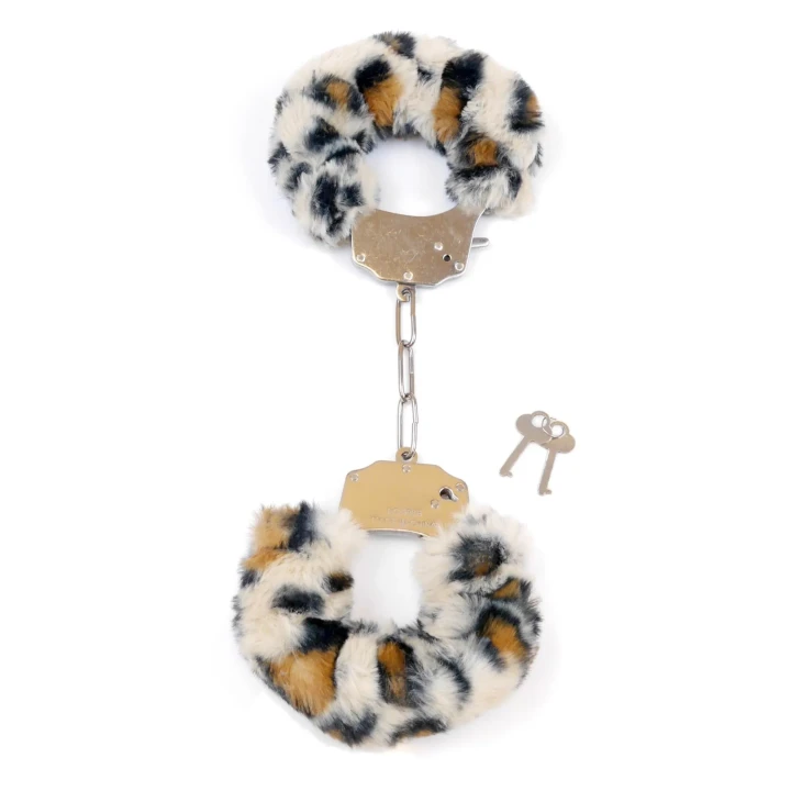 Metalowe kajdanki fetyszy B - Seria - Furry Cuffs w wzór leopardzi