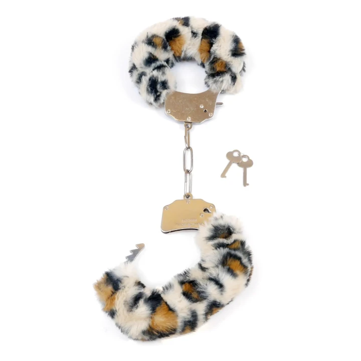 Metalowe kajdanki fetyszy B - Seria - Furry Cuffs w wzór leopardzi