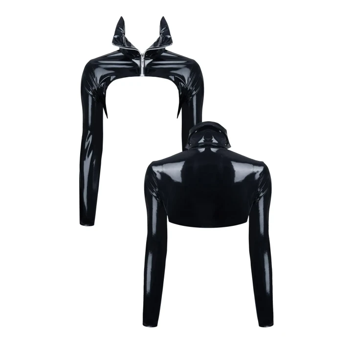 Krótka czarna kurtka Regnes CRD009 z wysokim kołnierzem, metalicznie błyszcząca, S