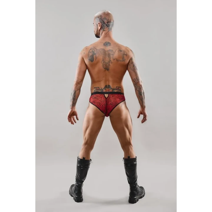 Majtki brazylijskie z otworem z elastycznego tiulu w czarno-czerwonym wzorze zebry, M