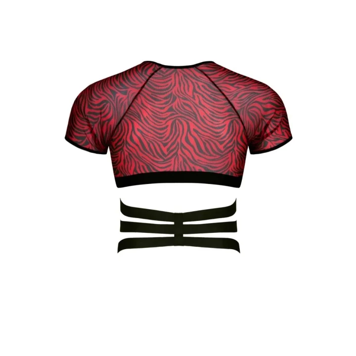 Koszulka damska z krótkim rękawem, czarno-czerwona zebra, efektowny design z metalowymi detalami