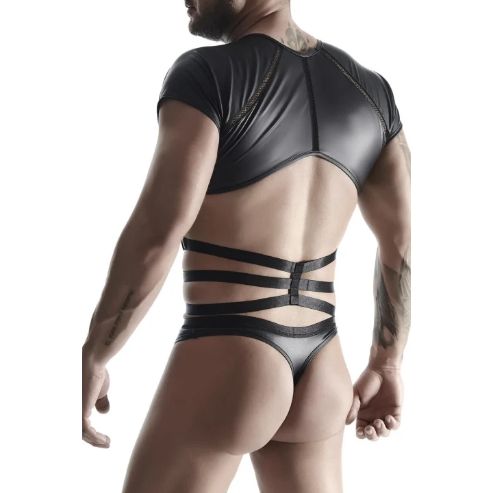 Męski komplet wetlook: t-shirt z ozdobną gumą i stringi XXL z dekoracyjną taśmą