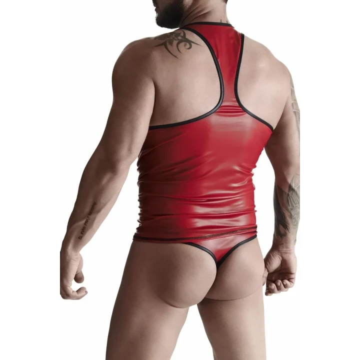 Męski komplet odzieżowy z wetlooka: t-shirt bez rękawów i stringi z taśmą ozdobną S