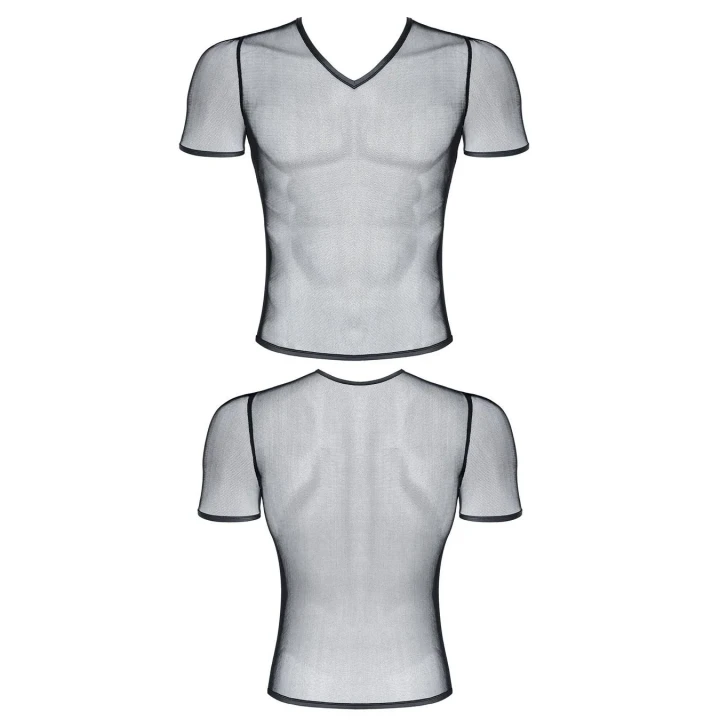 Męski t-shirt z elastycznej siatki w serek, przezroczysty, wygodny, rozmiar M