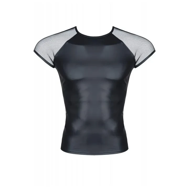 Męski t-shirt M z wetlooku i elastycznymi rękawami, komfortowy i stylowy