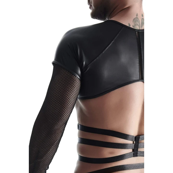 Elegancki męski t-shirt czarny z ozdobnymi gumkami i metalowymi pierścieniami, L