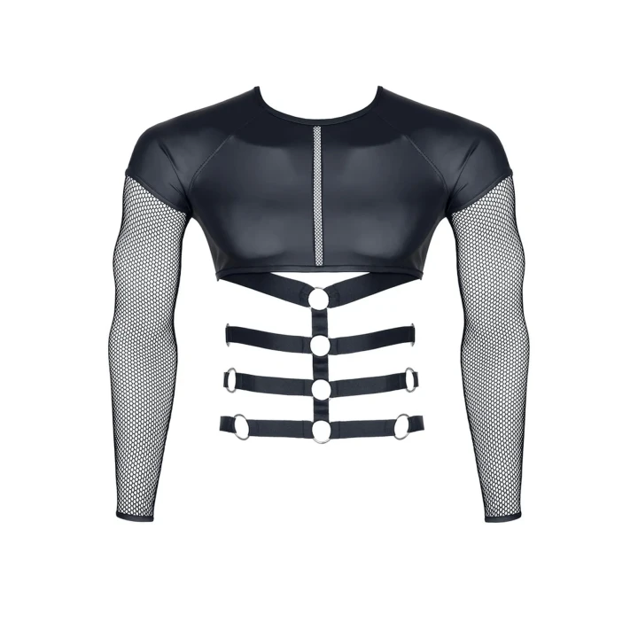 Męski t-shirt czarny XXL z dekoracyjnymi gumkami i srebrnymi pierścieniami