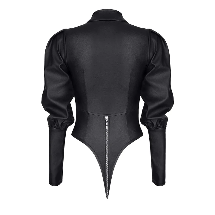 Eleganckie body z ekoskóry Giovanna z długimi rękawami i efektownym wycięciem