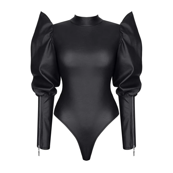 Eleganckie body z ekoskóry Giuditta001 z długimi rękawami, rozmiar L