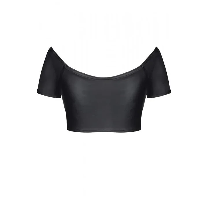 Stylowy top damski w kolorze czarnym, rozmiar S, wykonany z elastycznej ekoskóry