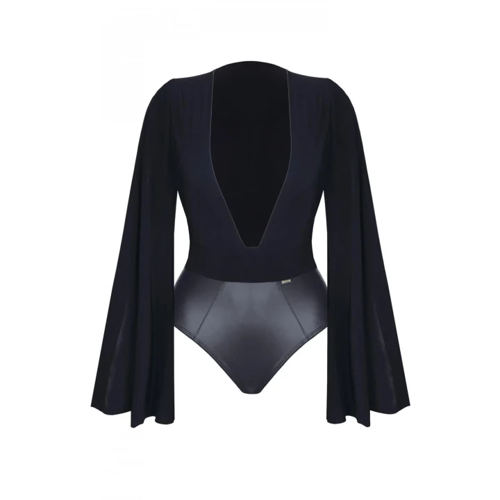 Eleganckie body czarne ALEXIS001 z długimi ramionami, rozmiar L