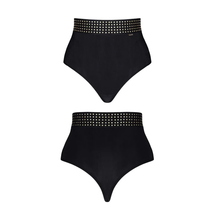 Stringi damskie wysokie CBEmily001, eleganckie czarne, rozmiar S, z delikatnymi aplikacjami