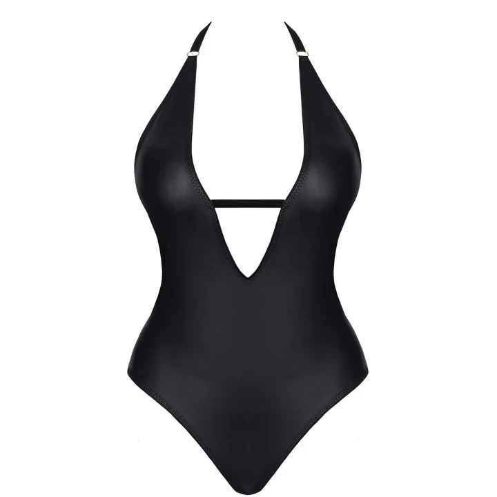 Czarne body damskie Bielizna-JENNIFER001 z dekoltem S, efektowny tył, wetlook