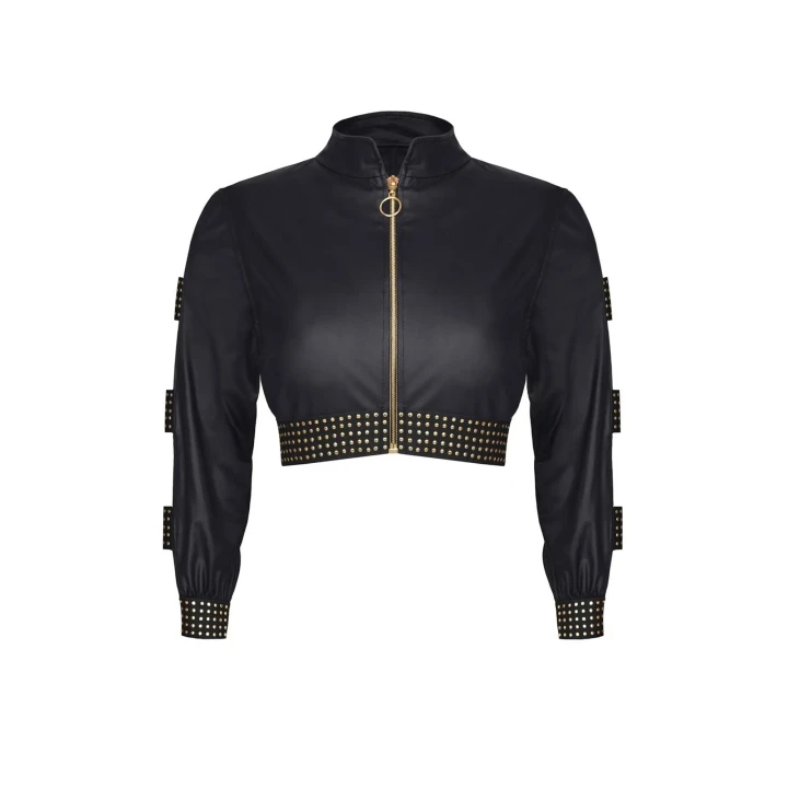 Kurtka damska MARTHA001 BLACK XL w stylu lat 90-tych z gold zippem i wetlook’em