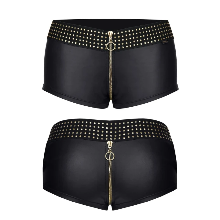 Szorty czarne wetlook MICHELLE001 z ozdobnym złotym zamkiem i aplikacjami, M