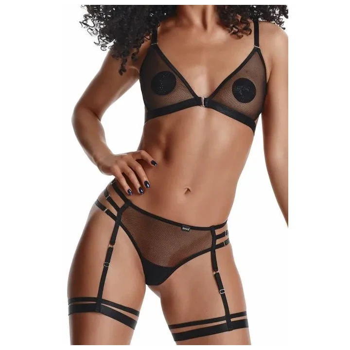 Elegancki komplet bielizny: biustonosz, stringi i podwiązki LadyX Adora XXL