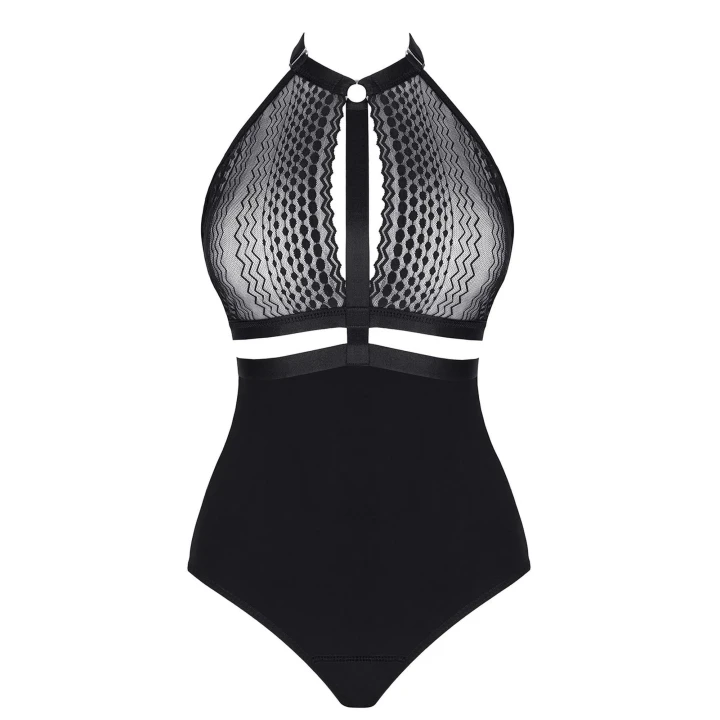 Seksowne body Aleta001 XXL – czarne, Teddy z geometrycznym dekoltem i srebrnymi detalami