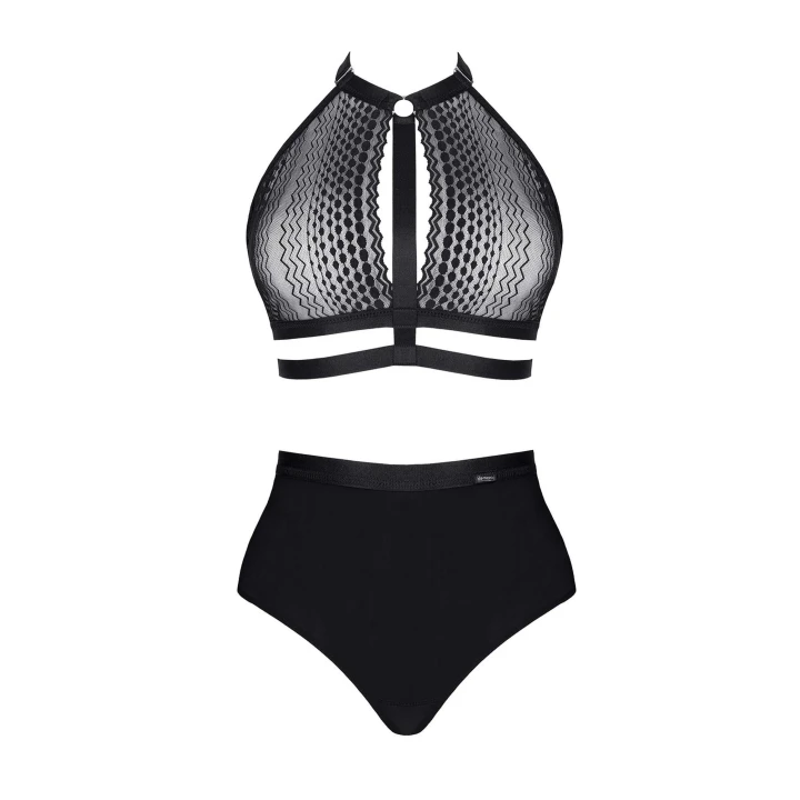 Elegancki zestaw bielizny damskiej z koronkowym biustonoszem i wysokimi szortami, czarny XXL