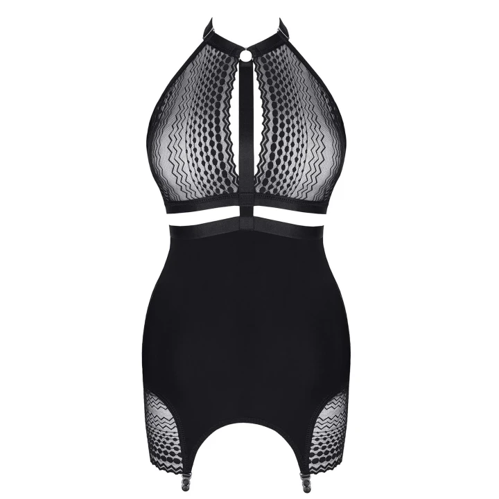 Elegancka sukienka afrodyzyjny dekolt koronkowy z metalowym akcentem czarna S