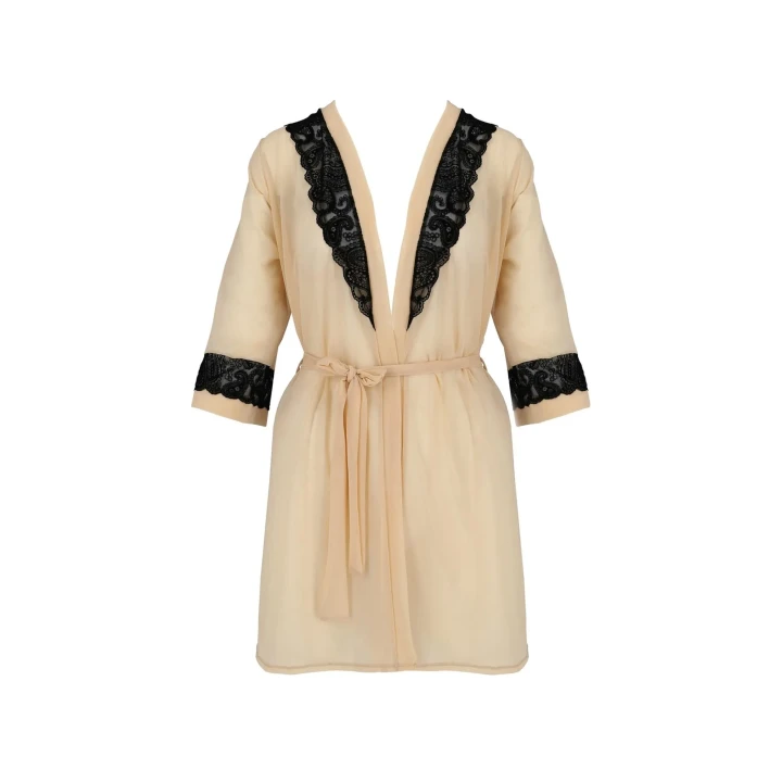 Peignoir nocny DAISY w kolorze beżowym L/XL z koronkowym wykończeniem