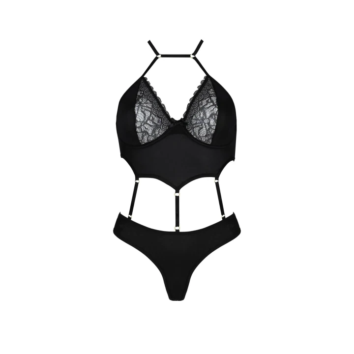 Eleganckie body Kitasana w kolorze czarnym, rozmiar L/XL - satyna i koronka