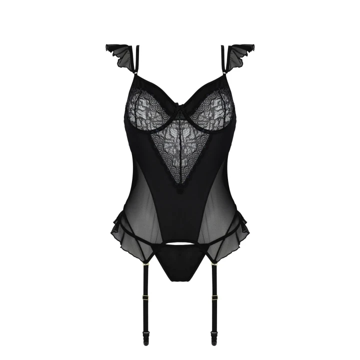 Elegancki gorset satynowy KITASANA w kolorze czarnym L/XL - z tiulem i koronką