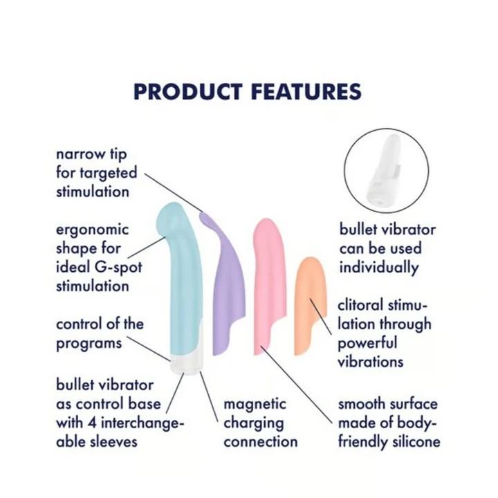 Wibrator z wymiennymi nasadkami, 4 tryby stymulacji, wodoodporny, silikon medyczny