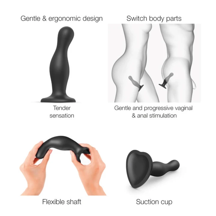 DILDO PLUG CURVY - XL, czarny silikonowy z ergonomiczną formą i przyssawką