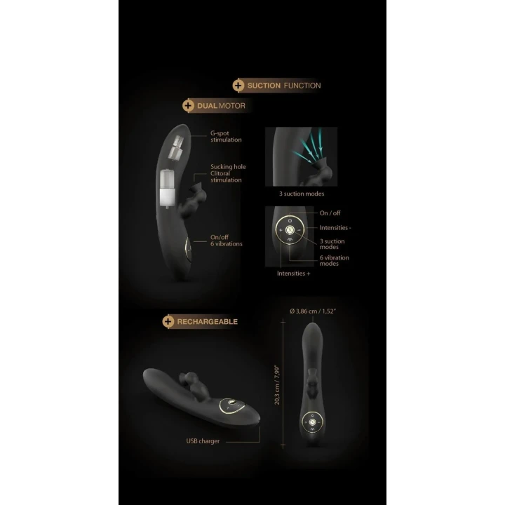 Elegancki wibrator króliczek z podwójną stymulacją i funkcją ssania, czarny silikon