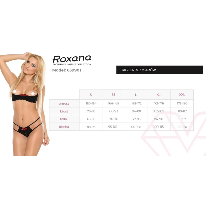 Półbiustonosz peek-a-boo z stringami 6599 M w ognistej czerwieni i czarnej koronką