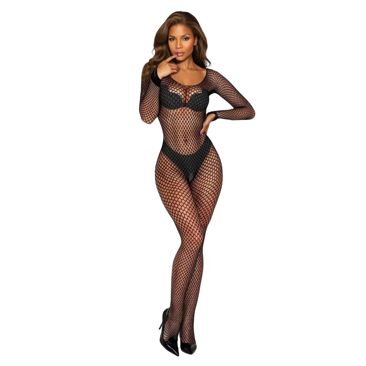 Bodystocking z siateczki 2061 czarny, elegancki fason, one size, z otwartym krokiem