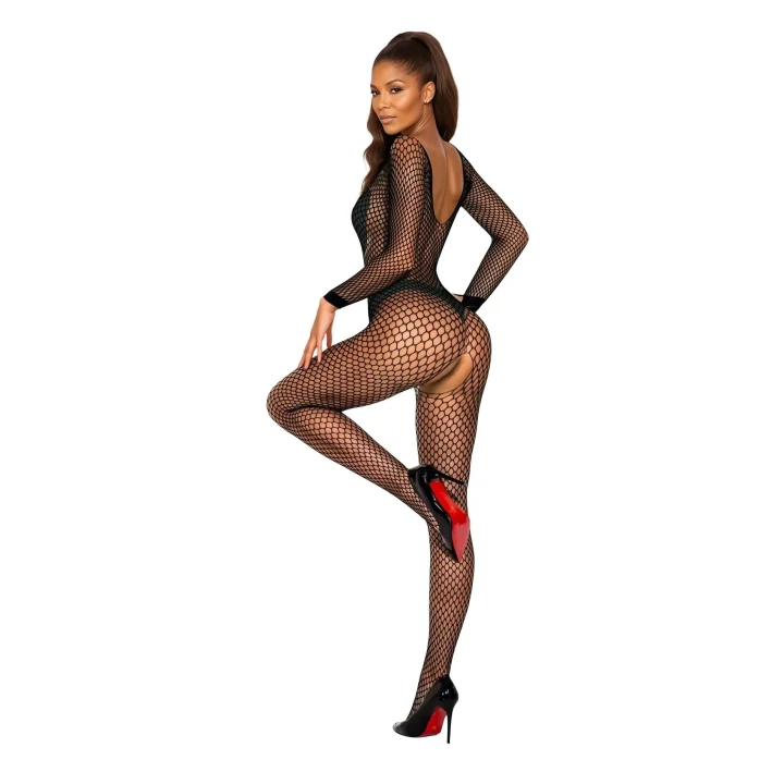 Bodystocking z siateczki 2061 czarny, elegancki fason, one size, z otwartym krokiem
