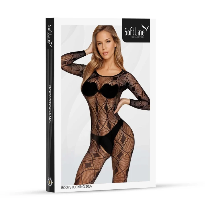 Bodystocking damski 2037 czarny, elastan, siateczka, rozmiar O/S, elegancki i zmysłowy