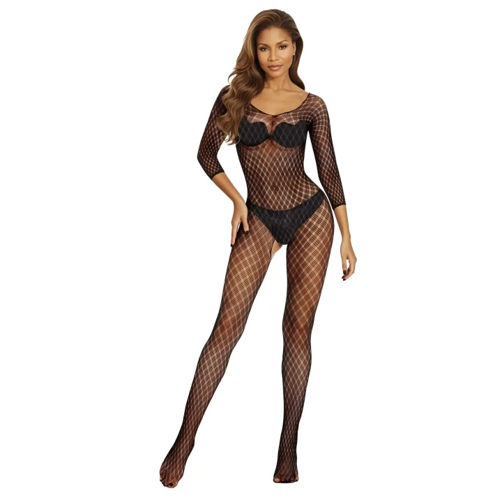 Bodystocking czarny 2048 z długim rękawem, wycięciem w kroku, rozmiar O/S