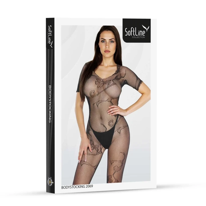 Bodystocking czarny 2069 z kwiatowym wzorem, rozmiar O/S, elegancka bielizna erotyczna