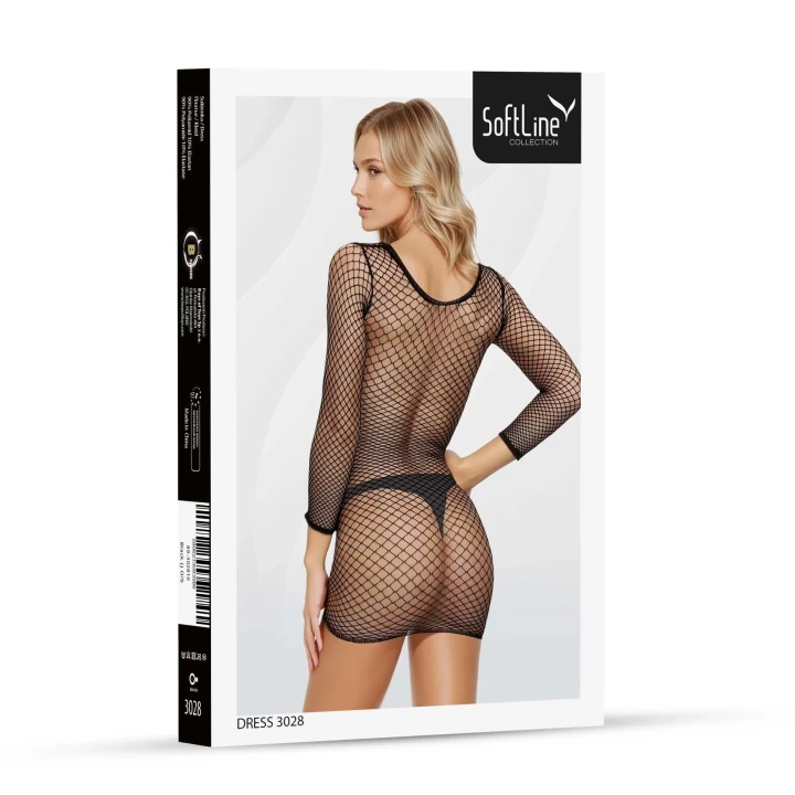 Sukienka mini czarna 3028 z długim rękawem, siateczkowa, One Size, elegancka i zmysłowa