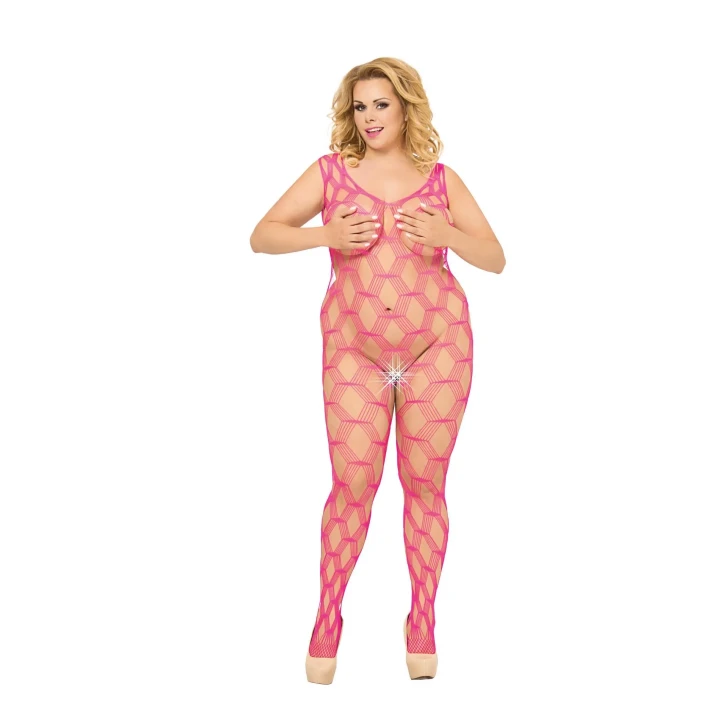 Bodystocking damski - Plus Size - różowy, XL-3XL, elastyczna siateczka