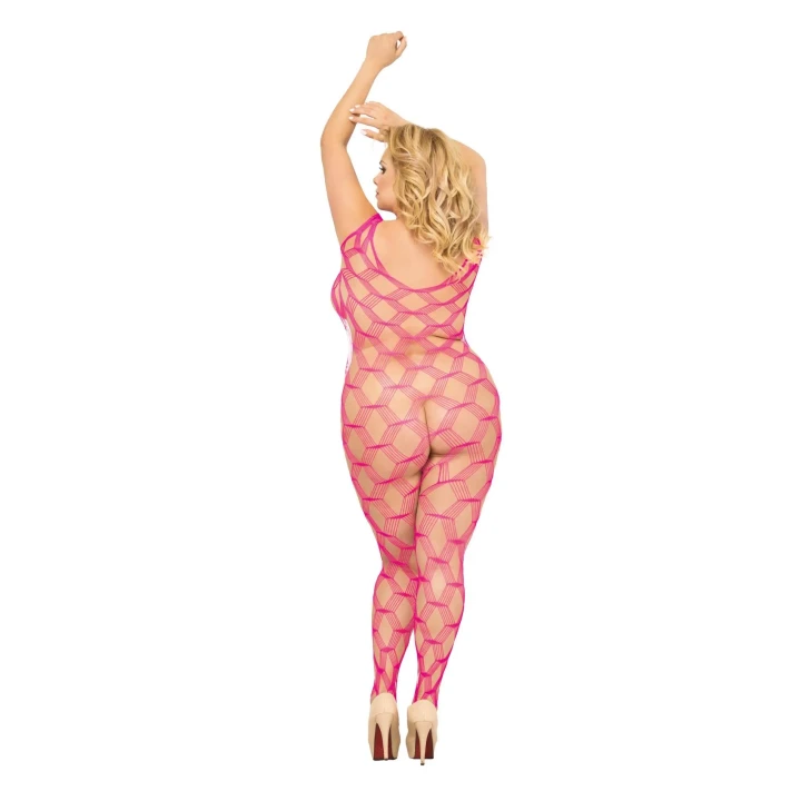 Bodystocking damski - Plus Size - różowy, XL-3XL, elastyczna siateczka