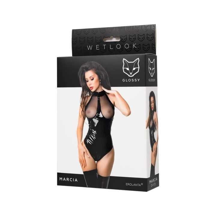 Bodysuit Wetlook Marcia - czarny, elastyczny, zmysłowy, rozmiar M