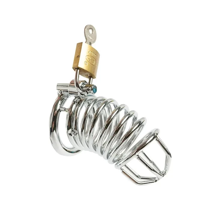 Klatka na penisa ze stali nierdzewnej, regulowane pierścienie, zamek i klucze w zestawie