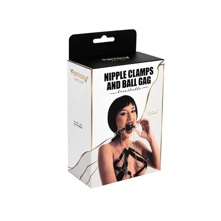 Oddychający knebel z regulowanymi klamrami na sutki do zabaw bondage