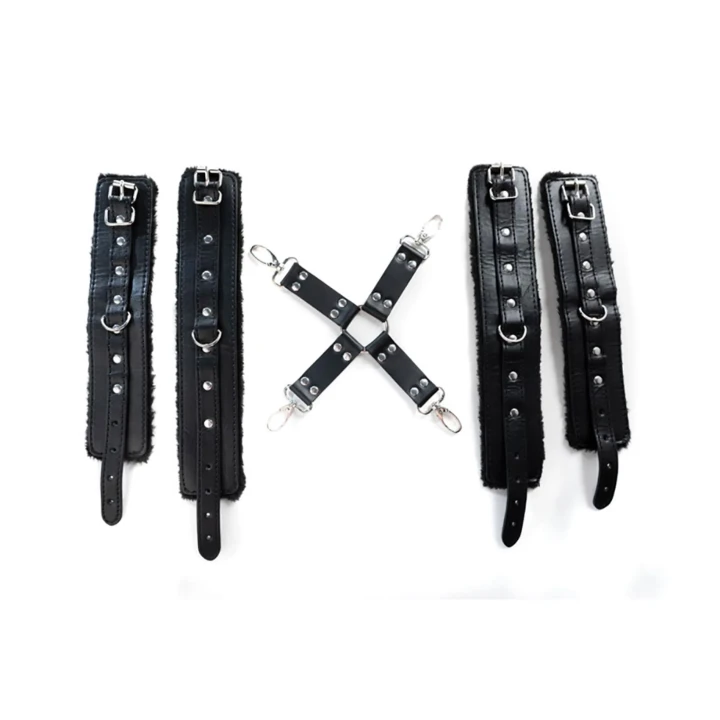 Hogtie do bondage z wygodnymi mankietami na nadgarstki i kostki, czarny, PU skóra