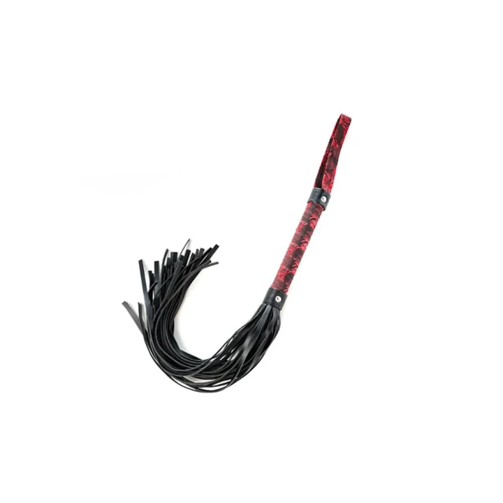 Flogger BDSM w kolorze czerwono-czarnym, długość 44 cm, skóra PU, drewno, metal bezniklowy