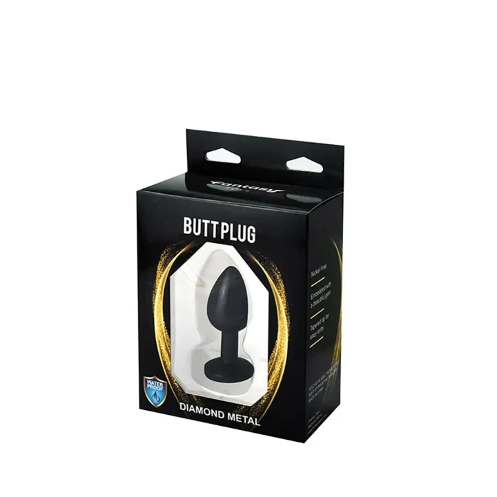 Elegancki czarny butt plug z białym diamentem, 7 cm, metal bezniklowy