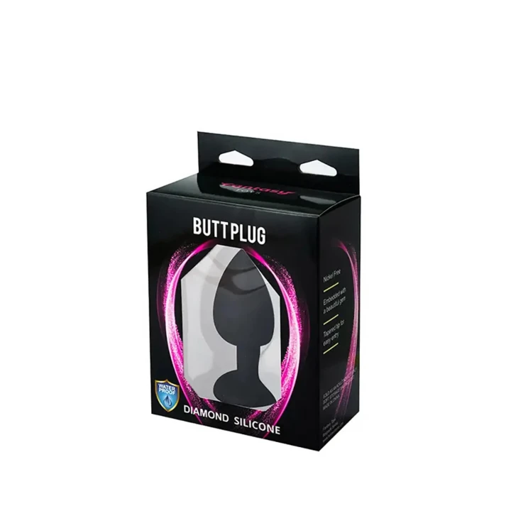 Elegancki korek analny duży z czarnego silikonu z białym diamentowym krysztem