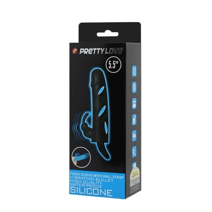 Nakładka wibracyjna na penis z mocowaniem na jądra - PRETTY LOVE, silikonowa, czarna/różowa