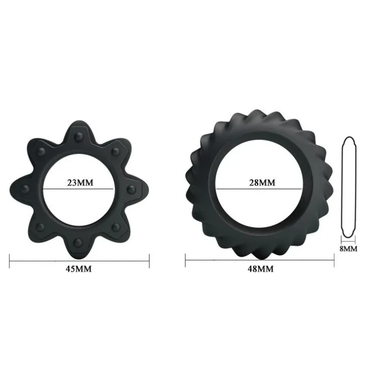 Pierścienie na penisa z silikonu BAILE - zestaw 2 wzorów, elastyczne, bezpieczne